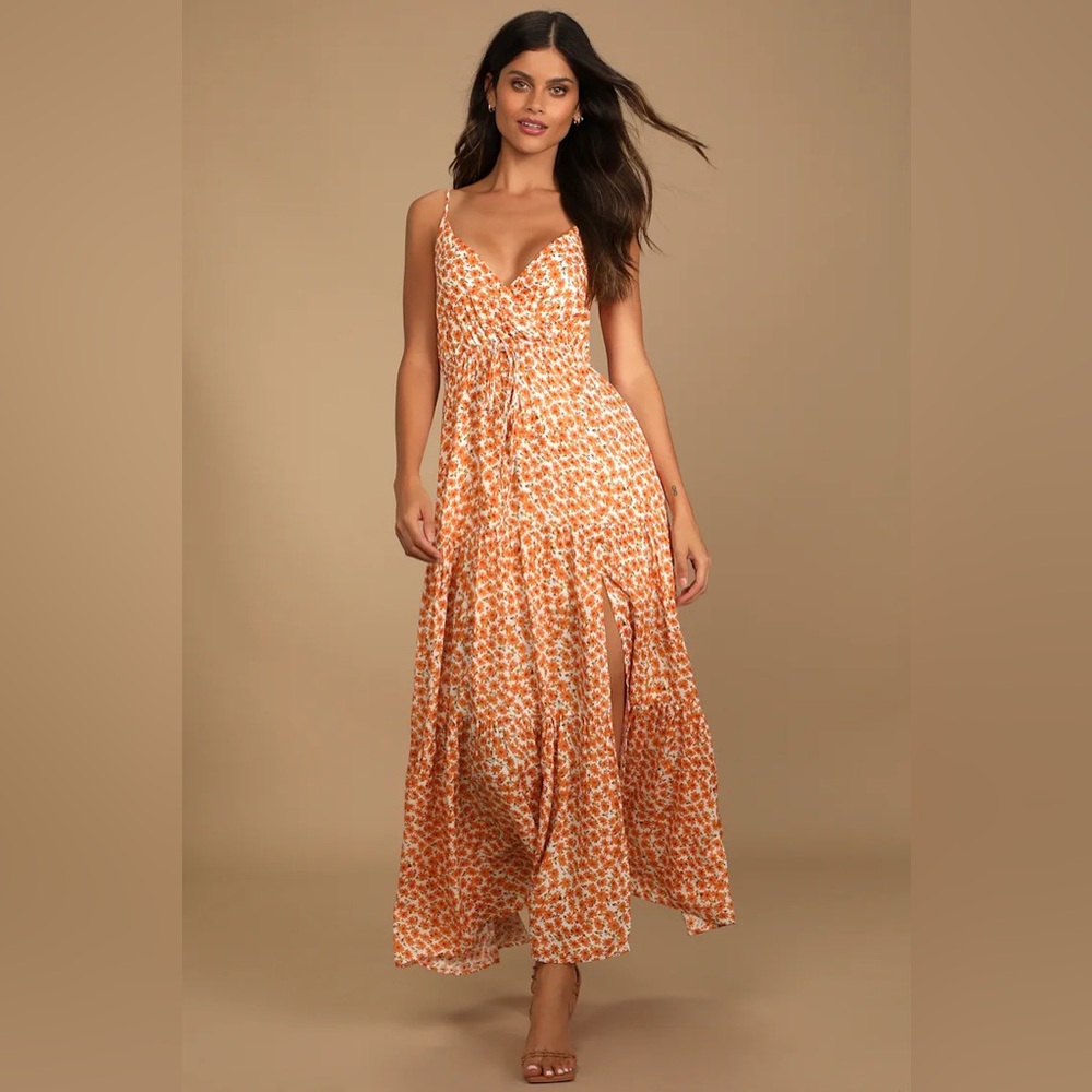 Lulu's Orange Floral Tiered Maxi Dress with Spaghetti Straps